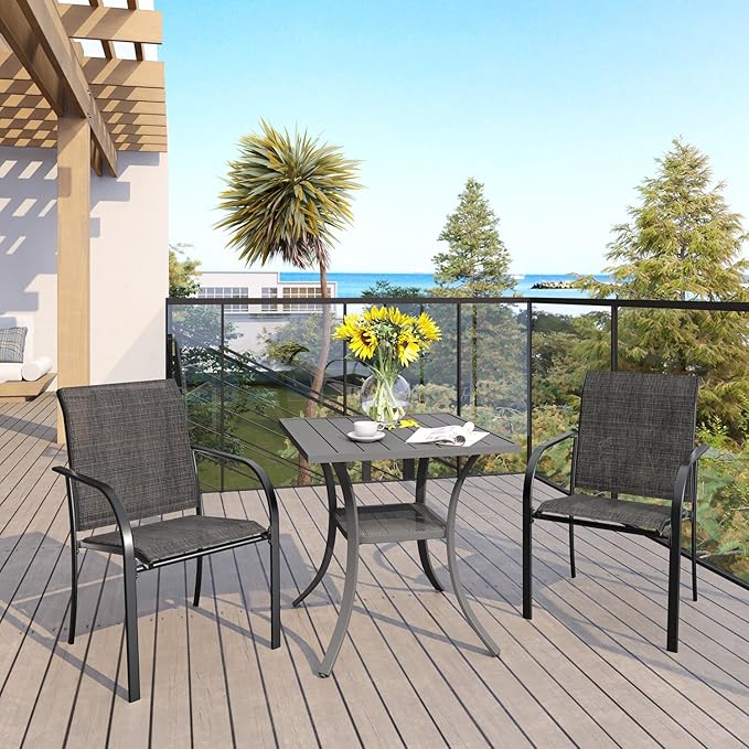 VICLLAX Patio Set for 2, Outdoor Dining Set Includes 28" Small Outdoor Table and 2 Stackable Sling Chairs, Grey Tabletop and Grey Fabric