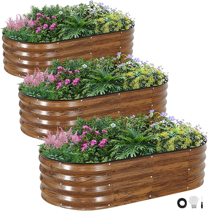 INNO STAGE 3Pcs Galvanized Raised Garden Bed Kit, Outdoor Metal Raised Garden Beds for Vegetables, Rust-Resistant & Easy Assembly, 4x2x1ft Oval Raised beds for Gardening, Flowers, Herbs (CoatedGrain)