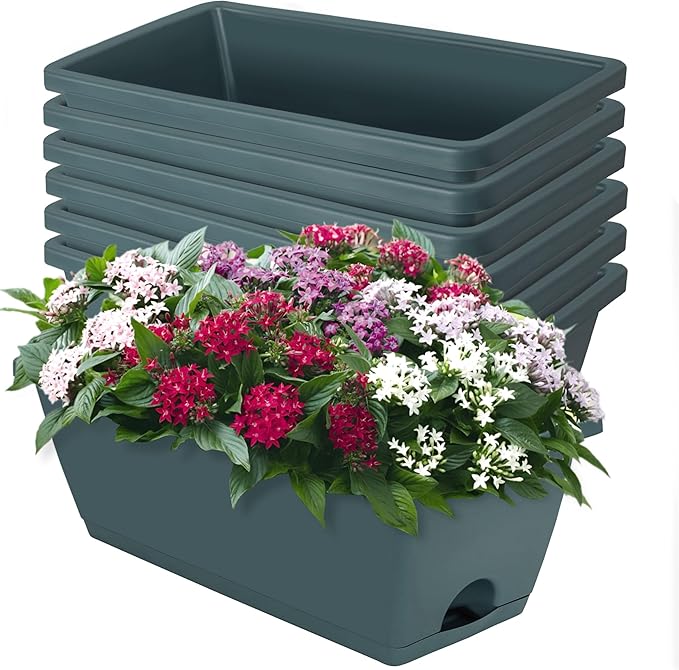 Window Box Planter, 7 Pack Plastic Vegetable Flower Planters Boxes 17 Inches Rectangular Flower Pots with Saucers for Indoor Outdoor Garden, Patio, Home Decor