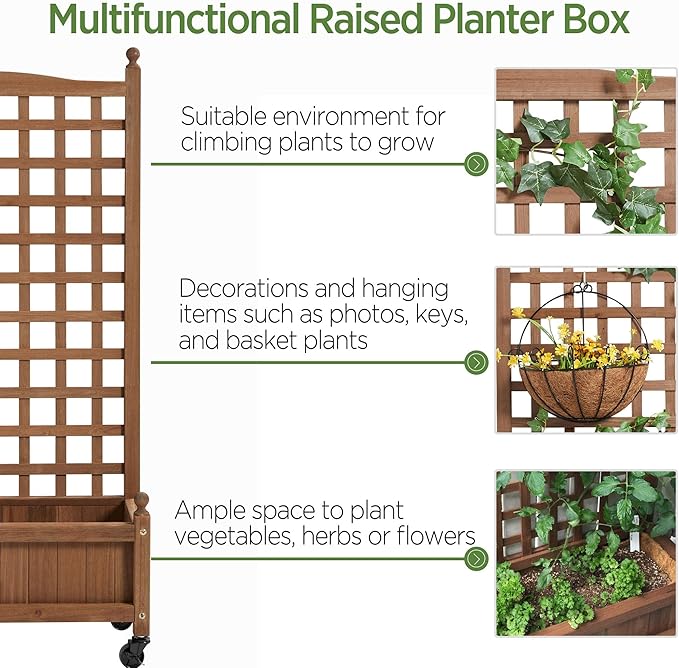 Yaheetech 2pcs 50" H Raised Garden Bed with Trellis & Wheels Standing Vertical Horticulture Planter Box for Vine Climbing Plants, Flowers, Herbs Brown
