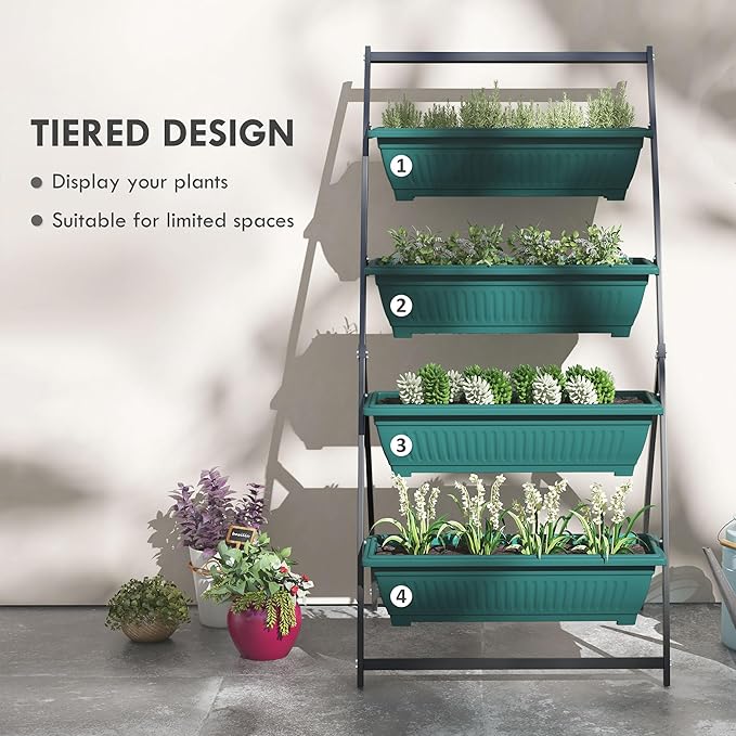 Outsunny Raised Garden Bed, 4 Tier Vertical Garden Planter Set, 4 Outdoor Planter Boxes with Stand, Self Draining Design Elevated Garden for Vegetable, Flowers & Herbs, Green