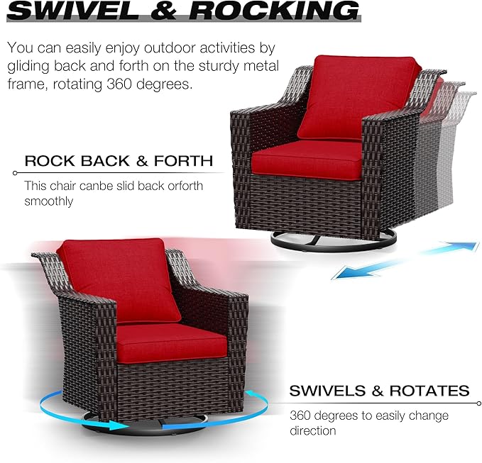 Joyside Wicker Patio Furniture Sets, 5 Pieces Upgraded Large Size Outdoor Furniture with Swivel Rocking Patio Chairs, 3-Seat Sofa, Fire Table, Coffee Table, Thick Cushions, Wide Armrest, Red