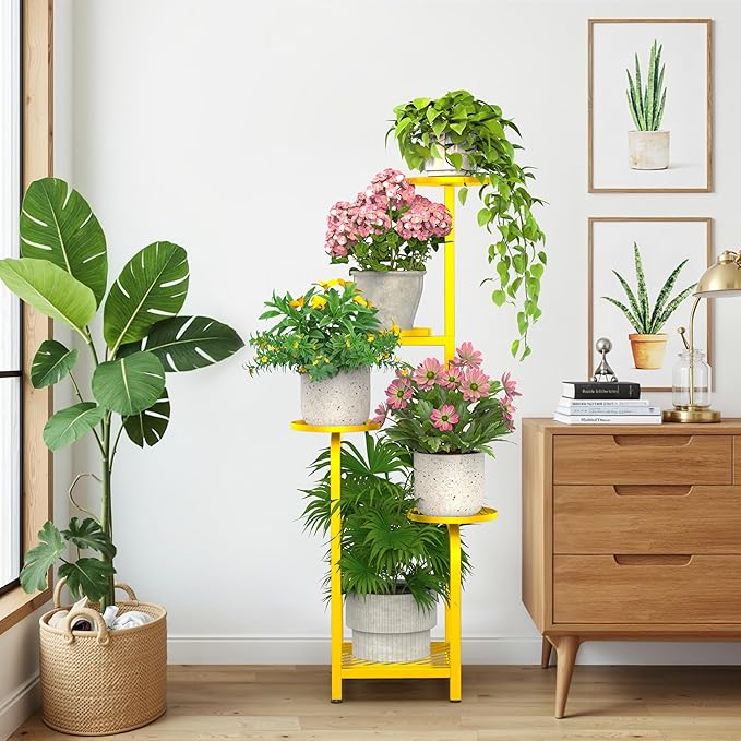 TOSKING 5 Tier Tall Plant Stand Indoor Outdoor, Heavy Duty Corner Shelf for Plants & Decor, Space Saving 3.9FT Metal Flower Pot Stand for Balcony, Garden, Living Room, Patio( Yellow, 5Tier SQ Base)
