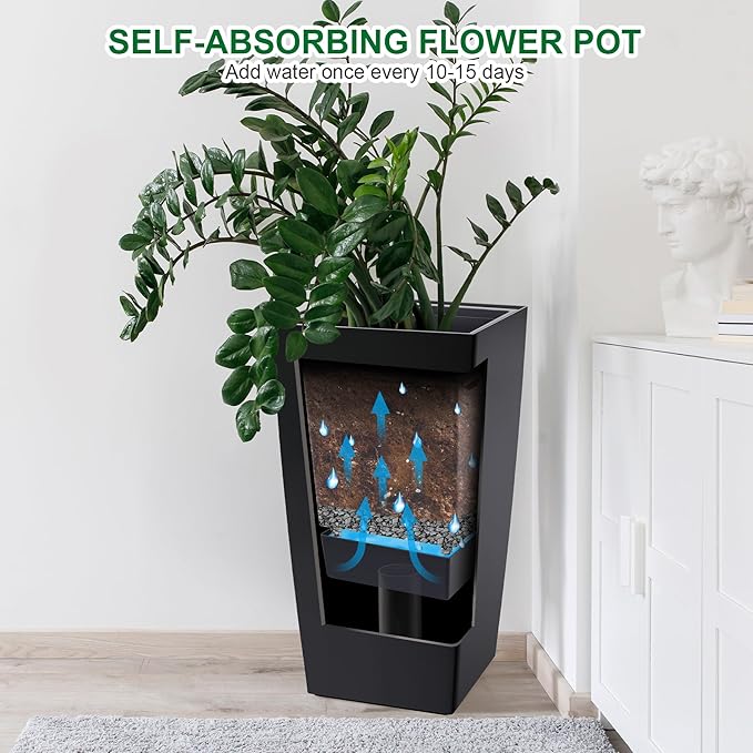 Garvee 30" Tall Planters Set of 2, Outdoor＆Indoor Black Planter Pots, High Front Porch Planter Pots with Drainage Holes＆Water Level Monitor＆Inner Bucket,Black