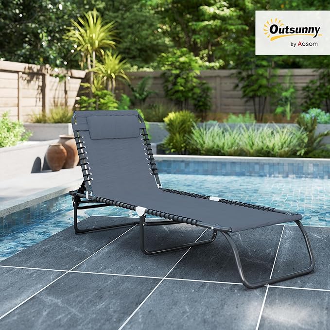 Outsunny Folding Chaise Lounge Chair, Patio Sun Tanning Chair, Outdoor Chaise Lounger with 4-Position Reclining Back, Breathable Mesh Seat for Beach, Poolside, Yard, Gray