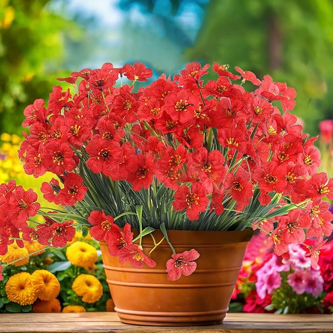 24 Red Bundles Artificial Flowers for Outdoors/Indoors Fake Flowers Plants for Indoor Outside Garden Porch Window Box Home Wedding Farmhouse