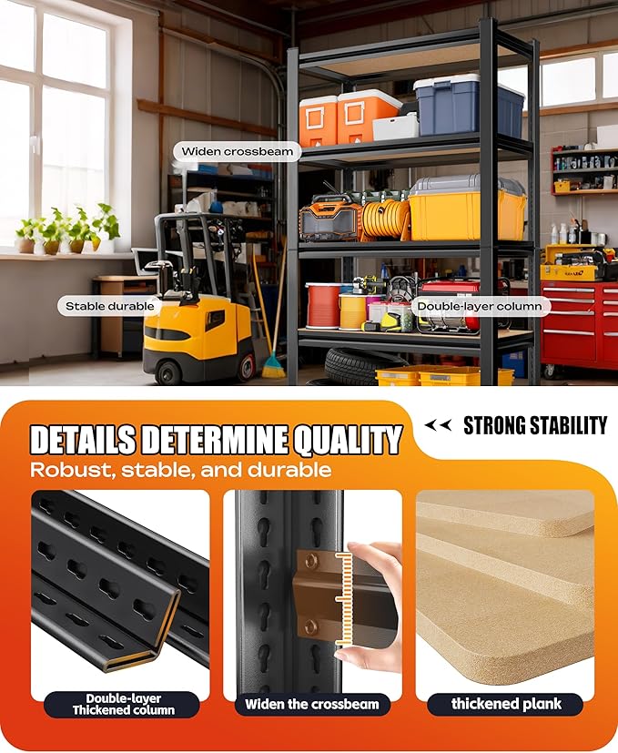 71.2"H-45.6"W Garage Shelving Heavy Duty Storage Shelves, Metal Adjustable Shelving Unit, Utility Garage Organizer Shelf for Basement, Pantry, Kitchen, Warehouse, 45.6"Wx17.7"Dx71.2"H, Black