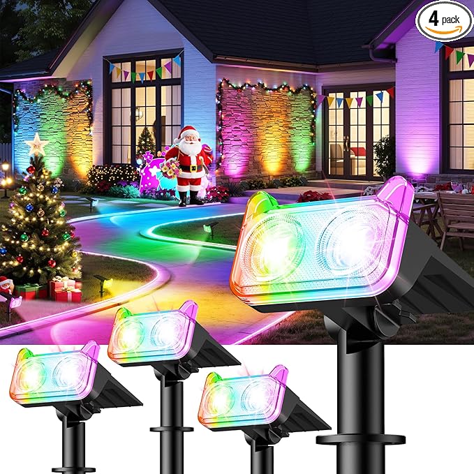 LETMY Solar Spot Lights Outdoor Waterproof with Bigger LED, 4 Pack 135°Adjustable Solar Lights Outdoor, 2-in-1 Wall Lights & 2 Modes Landscape Spotlights for Tree Yard Pathway Garden Decor(RGB Light)