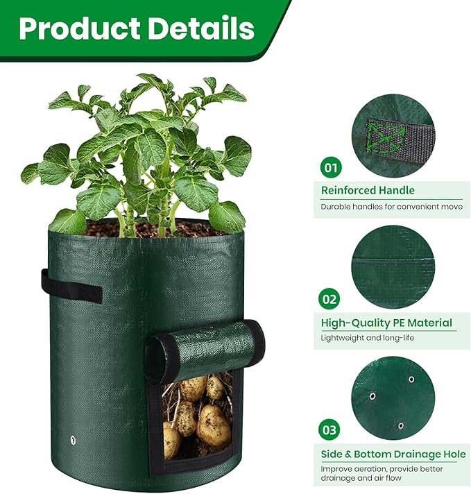 10 Gallon 8-Pack Grow Bags, Durable PE Fabric Pots with Flap and Handles, Green Planter Bags for Potato Vegetables Flowers Herbs Garden Outdoor, 17.7''x13.8'' Large for All Plants Growing