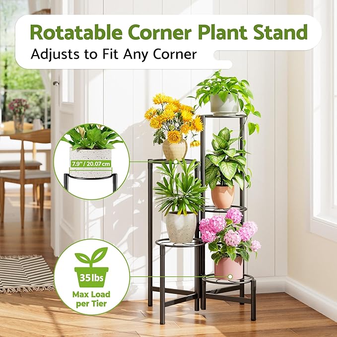 Corner Plant Stand Indoor Outdoor Tall Metal Flower Pot Stands for Multiple Plants 5 Tier Heavy Duty Plant Shelf for Patio Garden Balcony Living Room Bedroom Black Kite