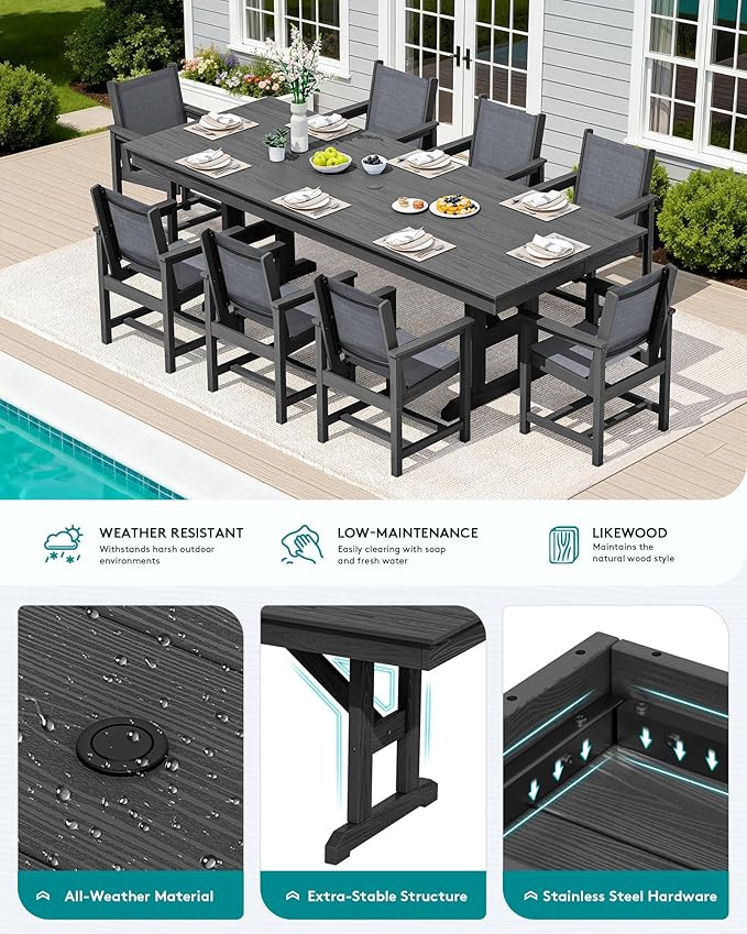 SERWALL 9 Piece Outdoor Dining Set, 84" HDPE Outdoor Large Table and Texilene Chairs for 8，All Weather Patio Dining Furniture Set with Umbrella Hole for Backyard, Garden, Black
