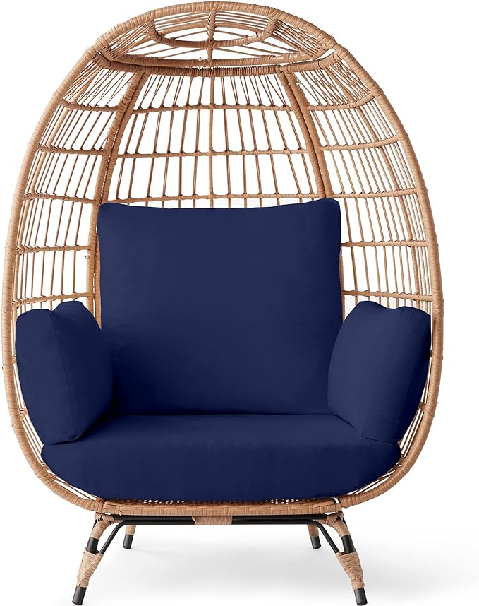 Best Choice Products Wicker Egg Chair, Oversized Indoor Outdoor Lounger for Patio, Backyard, Living Room w/ 4 Cushions, Steel Frame, 440lb Capacity - Navy