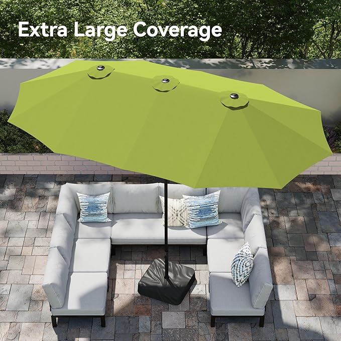 PHI VILLA 15ft Large Patio Umbrellas with Base, Outdoor Double-Sided Rectangle Market Umbrella for Pool Lawn Garden, Lime Green