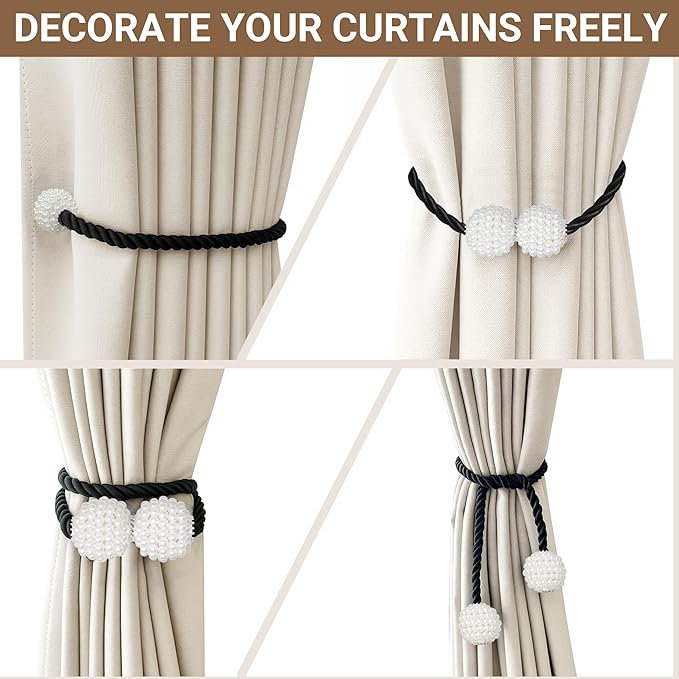 Hion Magnetic Curtain Tiebacks Black 2pcs, Curtain Tiebacks Buckles Holdbacks Holders Hooks Clip for Home Bedroom Office Decorative Curtain