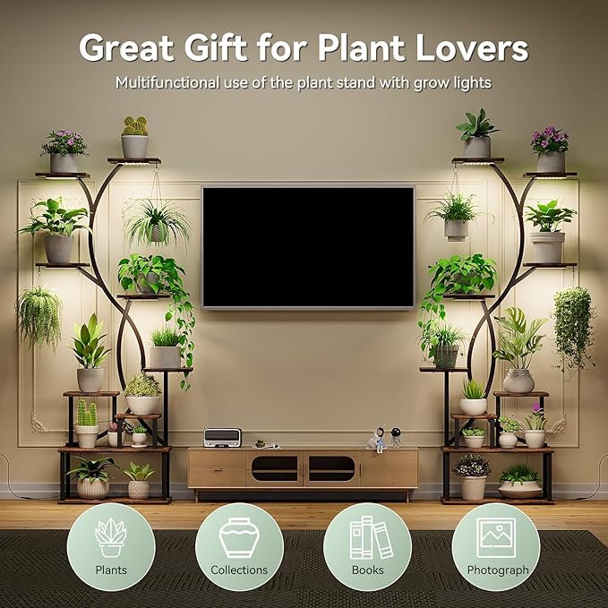 Plant Stand Indoor with Grow Lights 9 Tiered Wood Plant Shelf 62" Tall Plant Stand Metal Frame for Indoor Plants Multiple Flower Pot Holder, Large Plant Rack for Living Room Patio Corner 2 Pack