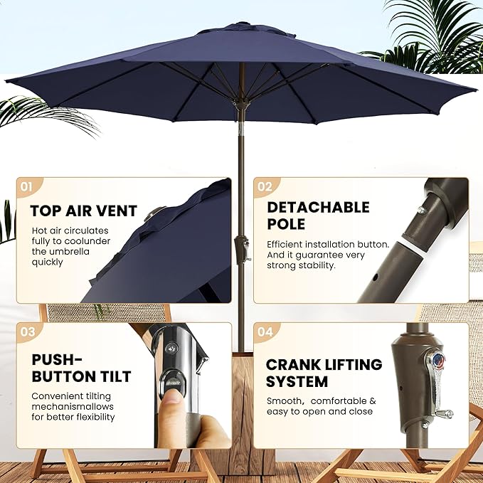 Ayge 9FT Large Outdoor Patio Umbrella Market Table Umbrella-UV Resistant, Easy Push Button Tilt and Crank, 8 Sturdy Fiberglass Ribs Heavy-Duty Pool Umbrella for Deck, Backyard,Garden,Navy