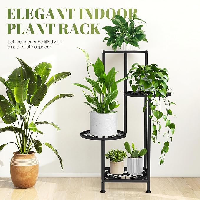 4 Tier Plant Stand Outdoor Indoor, Metal Flower Shelf Display Holder, Multiple Plants Corner Tall Flower Holders for Patio Balcony Porch Garden Living Room (Black)