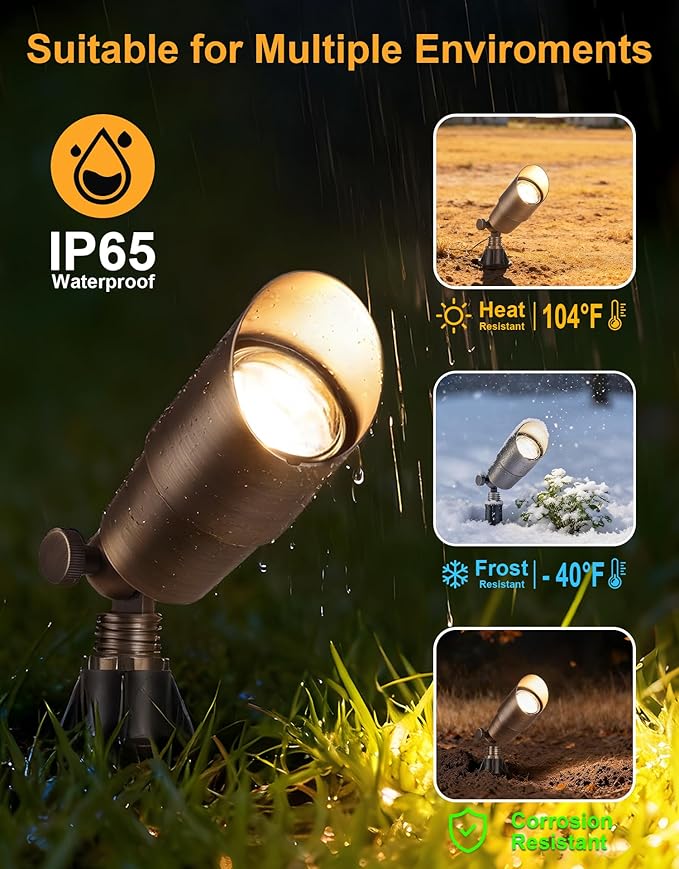 PARTPHONER Solid Brass Low Voltage Landscape Lighting, Wired 12V LED Landscape Spotlights with Aluminum Housing MR16 Bulb, Heavy Duty Outdoor Waterproof Up Lights for Garden, Yard, Trees, 6Pack