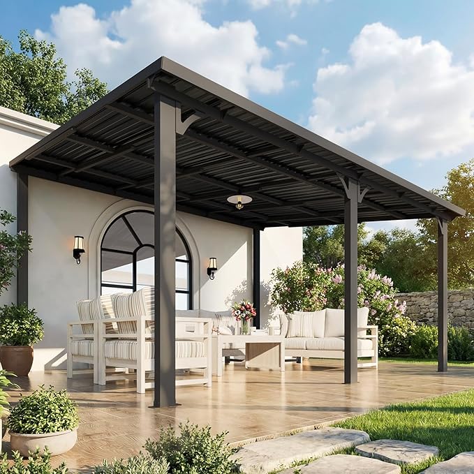 AECOJOY 12' x 14' Outdoor Hardtop Metal Gazebo for Patio, Large Lean to 14x12 Galvanized Steel Heavy Duty Wall Mounted Pergolas and Grill Gazebos Clearance, Patio Pergola Metal Roof Awnings for Decks