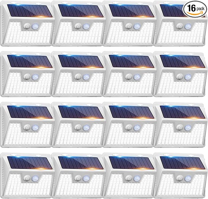 Peasur 16Pack Solar Motion Sensor Lights Outdoor Waterproof, 140LED 3 Modes Ultra-Bright Solar Powered Fence Lights, Security Wall Light for Outside Garden Yard Deck Stair Step