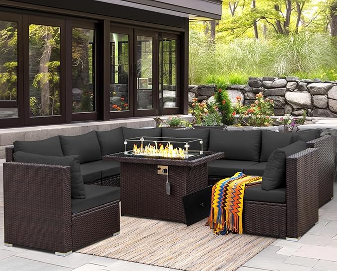 NICESOUL 9 Piece Extra Large Outdoor Patio Furniture Set with Fire Pit Natural Gas/Propane, 29.3 High Back Modular Sectional Couch Sets, Deep Seat Conversation Set, Brown Rattan and Dark Grey Cushion
