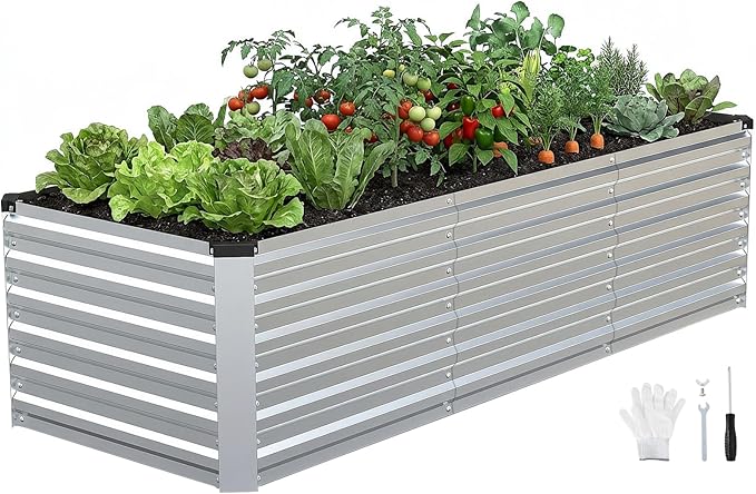 INNO STAGE 8x3x2ft Galvanized Raised Garden Bed, Raised Garden Bed Kit-Metal Planter Box Outdoor, Planting for Vegetables, Fruits, Herbs, Flowers, Silver