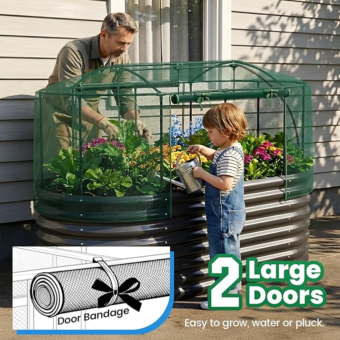 Quictent Galvanized Raised Garden Bed Kit with Self Watering System and Mesh Cover, Large Oval Metal Outdoor Planter Garden Boxes for Vegetables Herbs Flowers, 6x3x2Ft