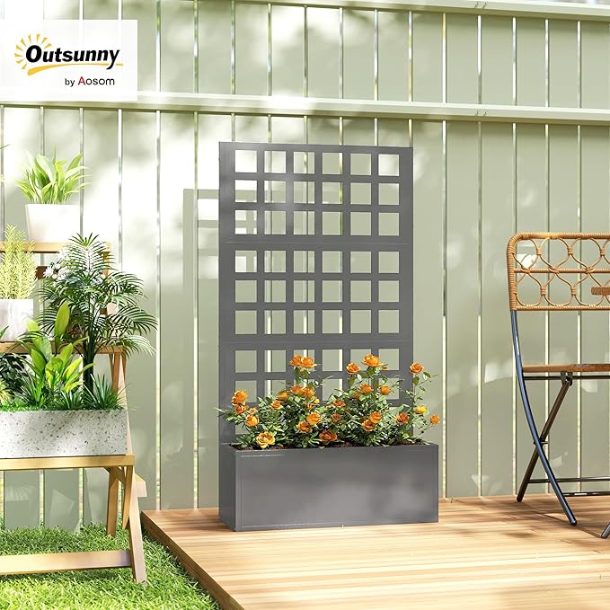 Outsunny Galvanized Raised Garden Bed with Trellis, Metal Planter Box with Drainage Holes, Outdoor Privacy Screen for Climbing Plants, Vegetable, Vines, 24" x 9" x 44.5", Gray