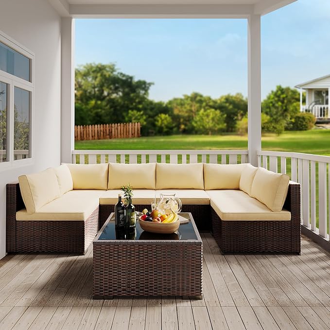 Patio Furniture Sets 7 Pieces Outdoor Sectional Rattan Sofa Manual Weaving Wicker Patio Conversation Set with Glass Table and Cushion (Beige)
