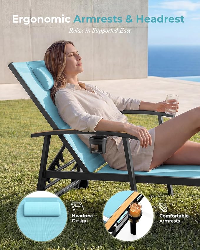 Ciokea Outdoor Lounge Chair with Pillow Set of 2, 5-Position Aluminum Chaise Lounge with Wheels & Armrests, 400 lbs Heavy Duty Patio Pool Chair for Backyard, Deck, Beach & Poolside, Lake Blue