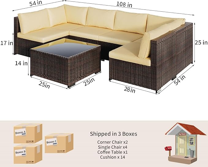 Patio Furniture Sets 7 Pieces Outdoor Sectional Rattan Sofa Manual Weaving Wicker Patio Conversation Set with Glass Table and Cushion (Beige)