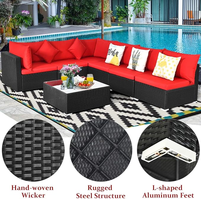Tangkula 7 Piece Patio Furniture Set, Outdoor Sectional Sofa w/Pillows and Cushions, Wicker Sofa Conversation Set with Coffee Table, Patio Sofa and Tea Table Set for Garden, Lawn (Red)