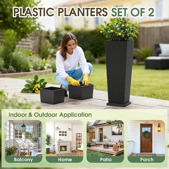 Set of 2 32 Inch Tall Plastic Planters with Drainage Saucers, Rattan Pattern UV Resistant Indoor Outdoor Flower Pots for Patio Garden Balcony Decor, Black