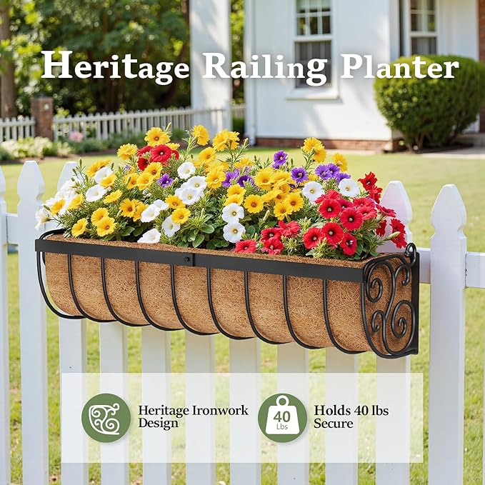 Railing Planter Boxes, 24 Inch Window Boxes Planters, Balcony Planters with Adjustable Brackets & Coco Liner & Support Rod for Outdoor Fence, Deck, Porch, and Patio Gardening, 2 Pack