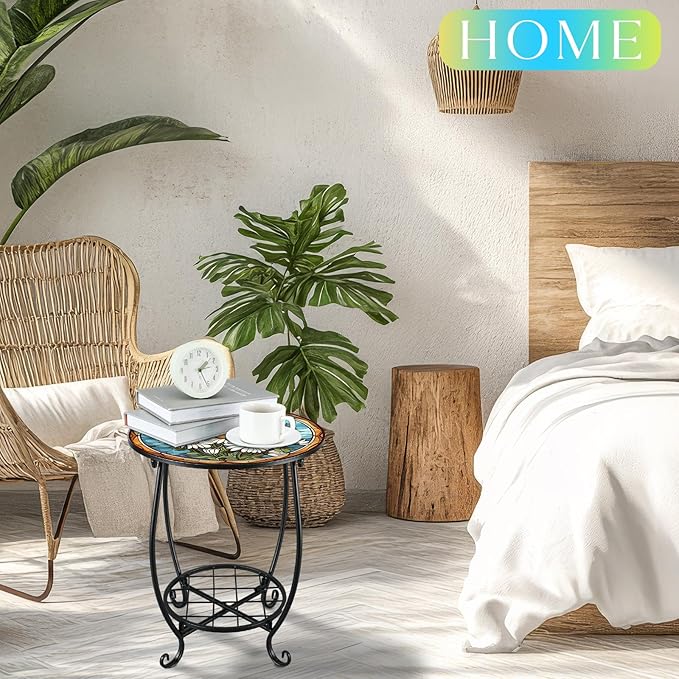 Outdoor Side Table Round Small Mosaic Patio Accent Indoor End Plant Coffee Tea Table for Yard Patio Porch Garden Living Room, Bedroom(Daisy Style,14 Inch)