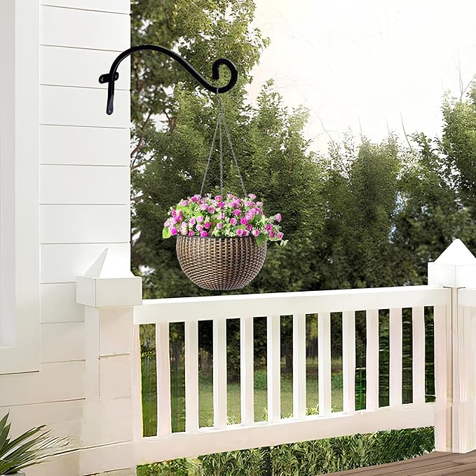 Hourleey 2 Pack Plant Hanger Outdoor, 8 Inch Heavy-Duty Hanging Plant Hook for Outside Basket, Black Metal Wall Mount Plant Bracket Hook for Flower Baskets Bird Feeder