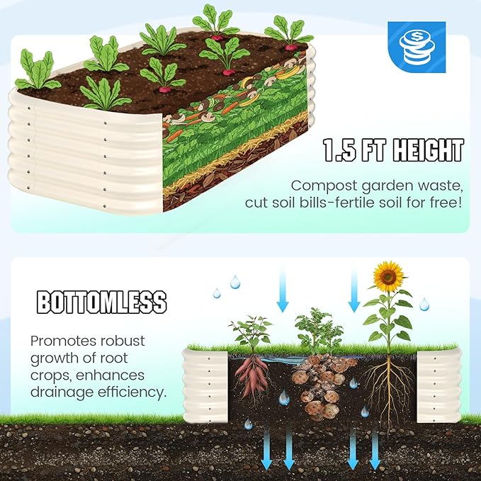 Quictent Galvanized Raised Garden Bed Kit Tall, 6x3x1.5 ft Oval Large Planting Box Strengthened by Crossbar, for Vegetables Outdoor, Beige