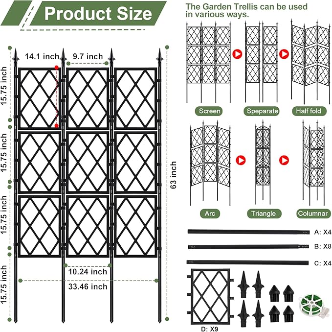 5.25FT Garden Trellis for Climbing Plants Outdoor, Black Iron Pipe Support Fence,Metal Wall Lattice Climbing Frame for Potted Plants Indoor for Ivy Vines Vegetable Flower, Patio, Lawn, Yard, Backyard