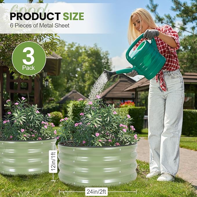 G GOOD GAIN Round Raised Garden Bed - 3Pcs 2x2x1ft Galvanized Steel Planter Boxes Outdoor with Rubber Edge Trim | Metal Raised Beds for Gardening Vegetables Flowers Fruits Herbs (Olive Green)