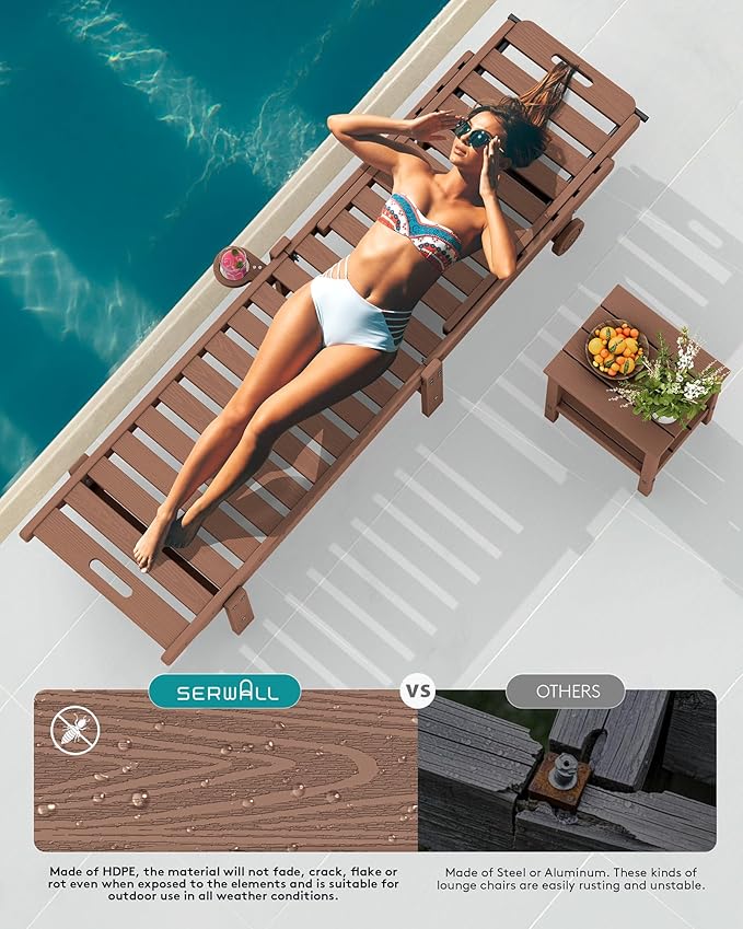 SERWALL Patio Chaise Lounge Set of 4, HDPE Outdoor Lounge Chair with Cup Holder, 5 Positions Adjustable Poly Lounger with Rolling Wheels for Poolside, Deck, Sunbathing, Brown