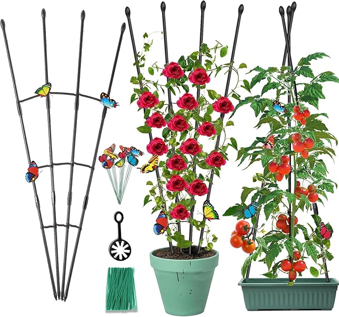 2Pack Garden Trellis for Climbing Plants Outdoor & Indoor, 47in Obelisk Trellis and Tomato cage 2 Shapes Rustproof Plant Support Indoor Plants Trellis for Potted Plants with 10pcs Colorful Butterfly