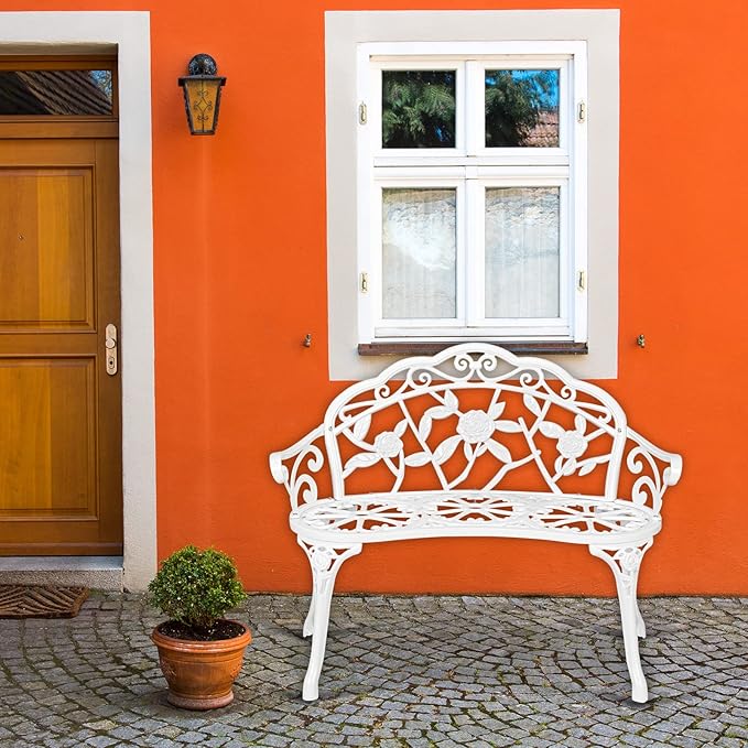 VINGLI 38.5" Patio Park Garden Outdoor Metal Rose Bench, 2-Person Cast Iron Cast Aluminium Frame Antique Finish Chair,Accented Lawn Front Porch Path Yard Decor Deck Furniture (White, Rose)
