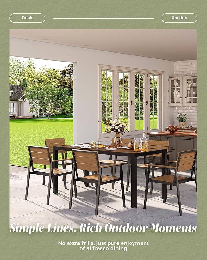 67" HDPS Outdoor Patio Dining Table, Aluminum-Edged Outdoor Dining Table with Umbrella Hole, Weather-Resistant for Lawn, Garden, Poolside and Indoor Use, Gray&Teak