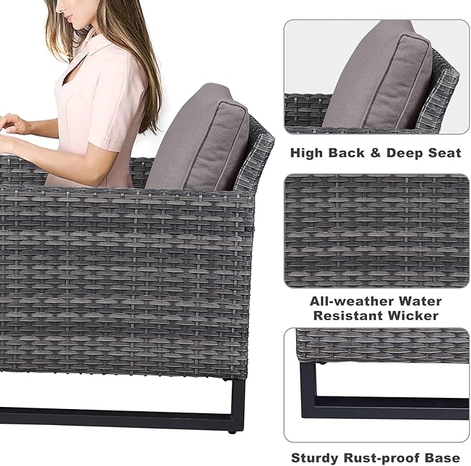 Belord Wicker Patio Furniture 5 Piece Outdoor Sofa Set, Oversize Outdoor Dining Chairs with Rattan Ottomans, Conversation Sets Patio Furniture Come with Removable Washable Cushion Grey