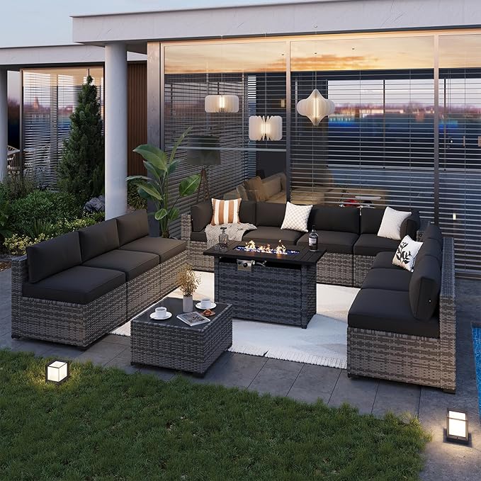 Aoxun Patio Furniture Sets, 12-Piece Outdoor Patio Furniture with 44'' Propane Gas Firepit Table, Wicker Outdoor Conversation Set Sectional Sofa for Backyard, Poolside, Garden
