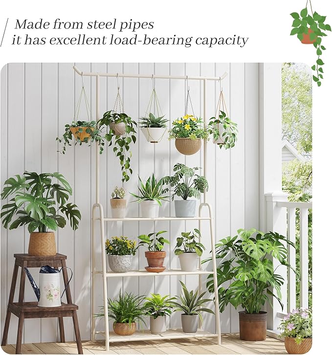 Plant Stand Indoor Outdoor,Metal Plant Stands for Multiple Plants,3 Tier Tall Hanging Plant Shelf,Large Heavy Duty Flower Holder Ladder Plant for Living Room, Patio, Balcony (White)