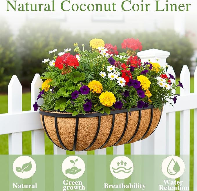 36 Inch Railing Planter Window Box Deck Balcony Rail Planter with Coco Liner Metal Wall-Mounted Coconut Liner Planters Basket Horse Trough Planters for Outdoor Balcony Porch Fence Patio (2 Pack)