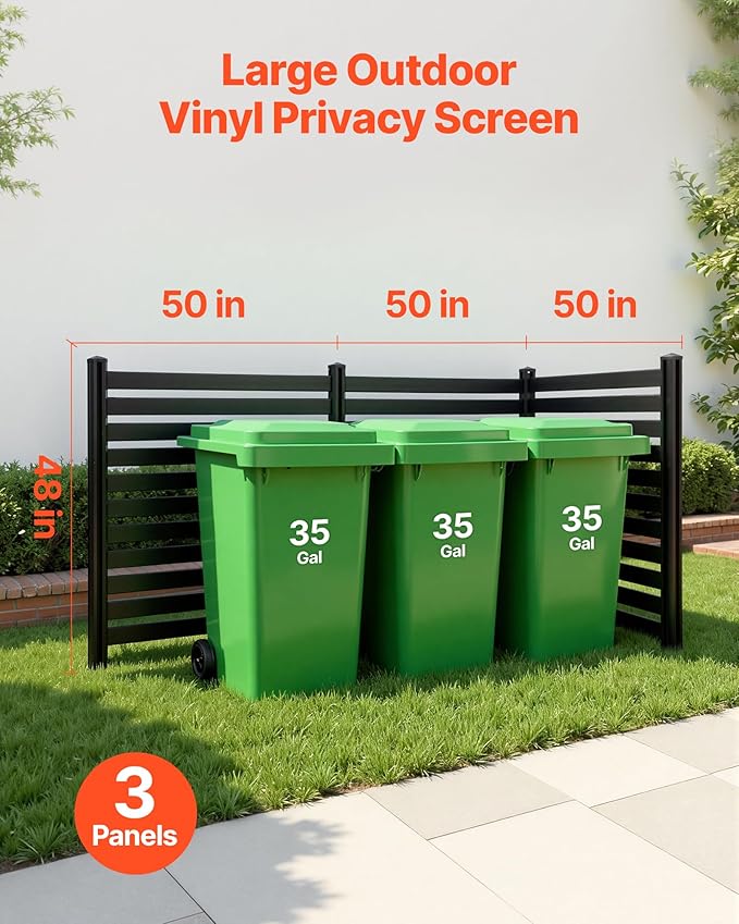 VEVOR 3 Panels Outdoor Privacy Screen, 50 x 48 in Air Conditioner Fence with 27.6 in Ground Stakes, Pool Equipment Enclosure, Vinyl Privacy Fence, Ideal for Trash Can and A/C Units, Black