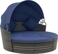Outsunny 4-Piece Round Convertible Daybed with Cushions, Outdoor PE Rattan Patio Wicker Sofa Set, Sunbed with Adjustable Sun Canopy, Sectional Sofa, 2 Chairs, Table, 3 Pillows, Dark Blue