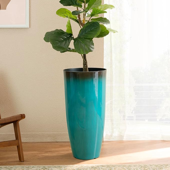 Glitzhome 30" H Tall Outdoor Planter, Set of 2 Large Tall Planters with Gradient Turquoise Faux Ceramic Finish, Plastic Large Flower Pots for Porch Garden Indoor All Season Decor,with Drainage Holes